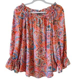 Talbots Women’s Floral Boho Peasant Ruffle Off Shoulder Blouse Size Large Petite
